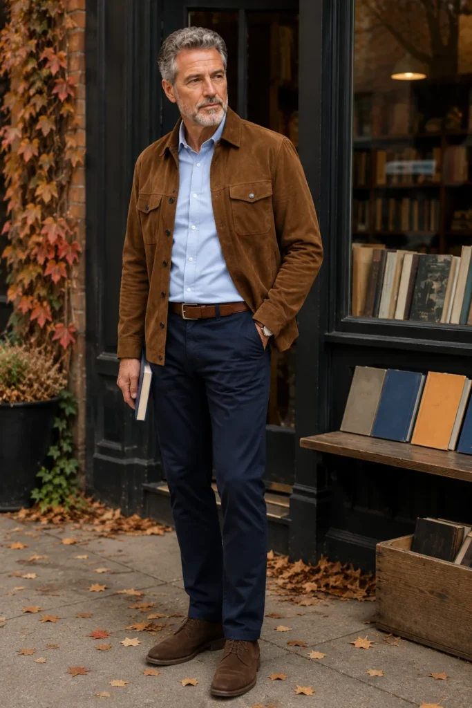 photograph of a stylish 60-year-old man wearing a brown suede overshirt worn open over a pale blue Oxford shirt