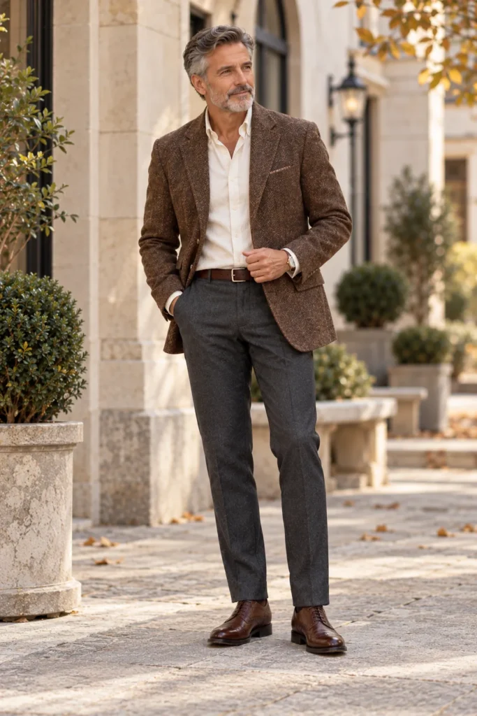 photograph featuring a stylish 59-year-old man with short salt-and-pepper hair and a neatly shaped beard.