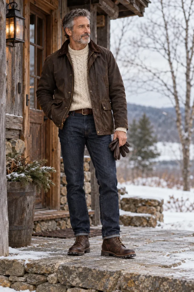 photograph of a stylish 58-year-old man with short salt-and-pepper hair and a neatly trimmed beard wearing a dark brown waxed cotton jacket over a warm cream knit sweater