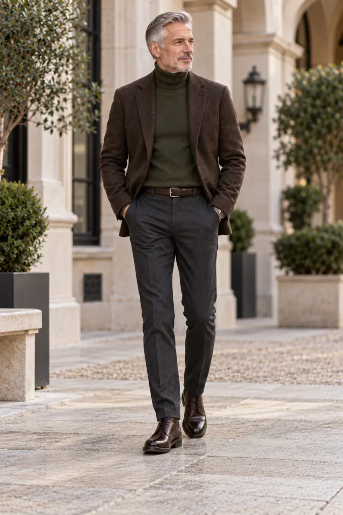  smart-casual menswear photograph featuring a stylish 62-year-old man with short silver hair and a neatly groomed grey beard