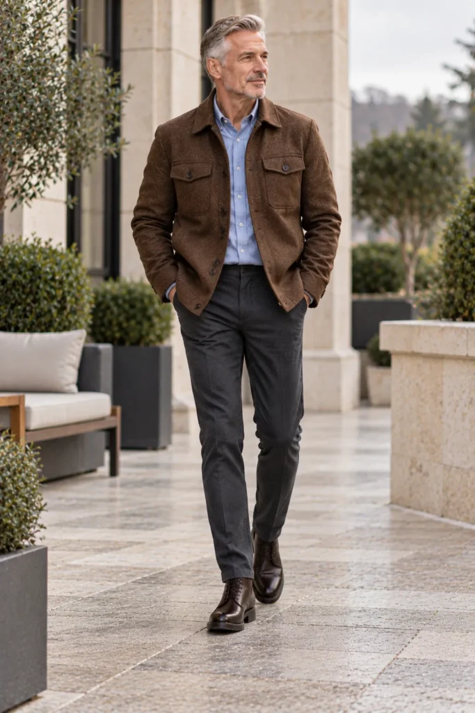 photograph featuring a stylish 57-year-old man with short grey hair and a neatly trimmed salt-and-pepper beard