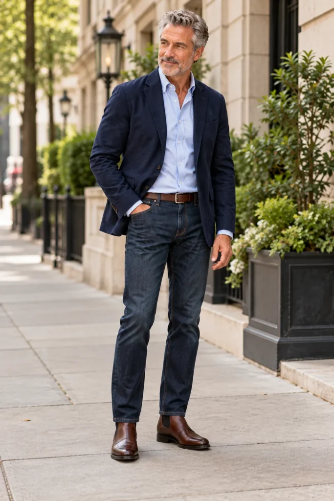 photo representing a complete, modern everyday outfit for a man over 50. Show a confident 60-year-old man with short gray hair and a neatly trimmed beard standing naturally on a quiet
