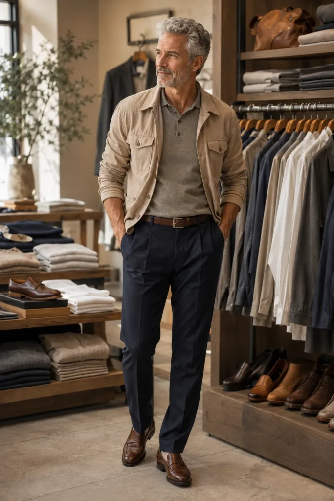 photo representing neutral men's outfit coordination after 50. The scene features a stylish 60-year-old man with silver-gray hair