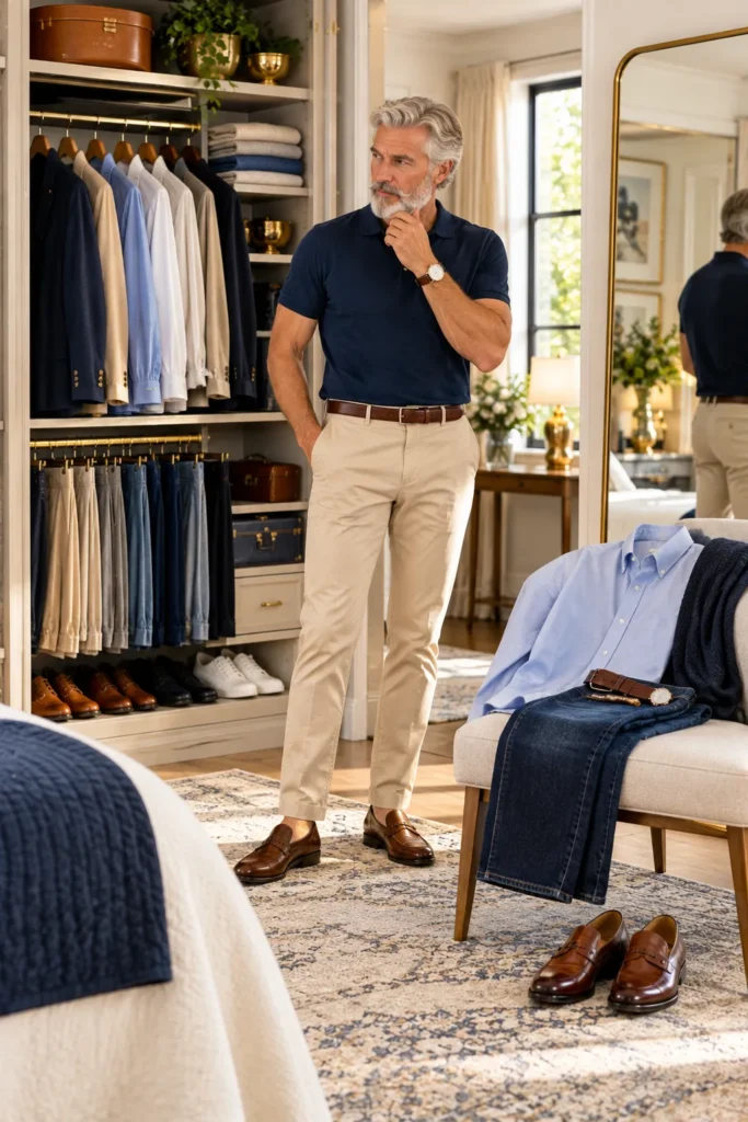  photograph featuring a stylish 60-year-old man with short silver hair and a neatly trimmed gray beard planning an outfit beside an open