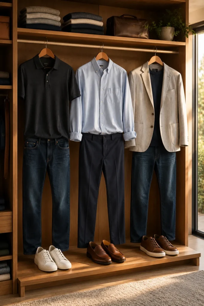 photo representing three reliable men's outfits over 50 arranged neatly for easy selection