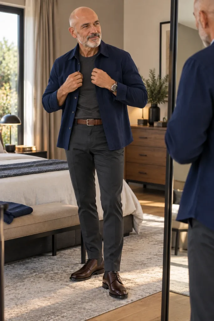 photo of a different bald 61-year-old man with a short neatly trimmed gray beard putting on a navy overshirt over a charcoal T-shirt