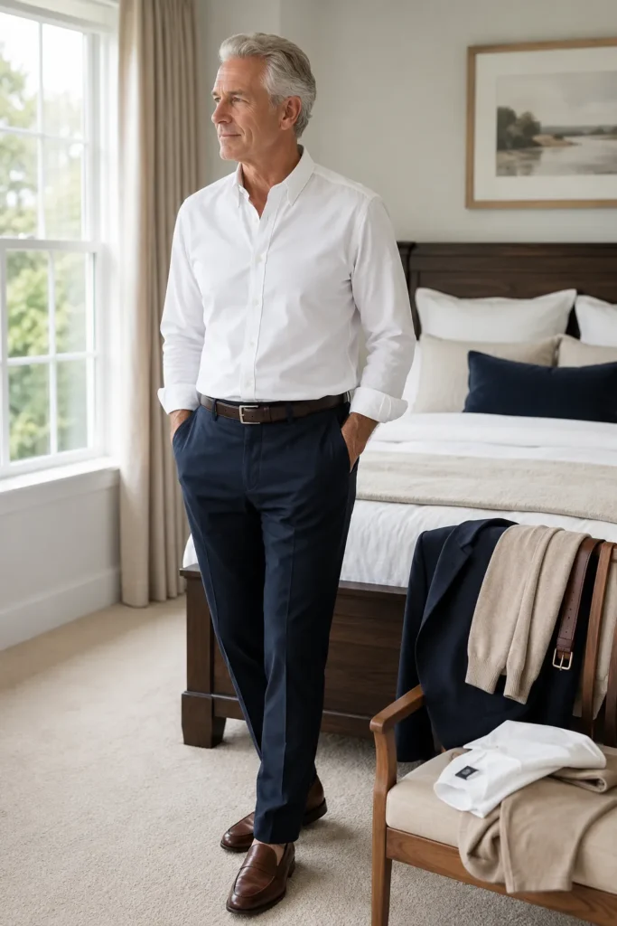 photo representing a well-coordinated men's outfit built around simple navy
