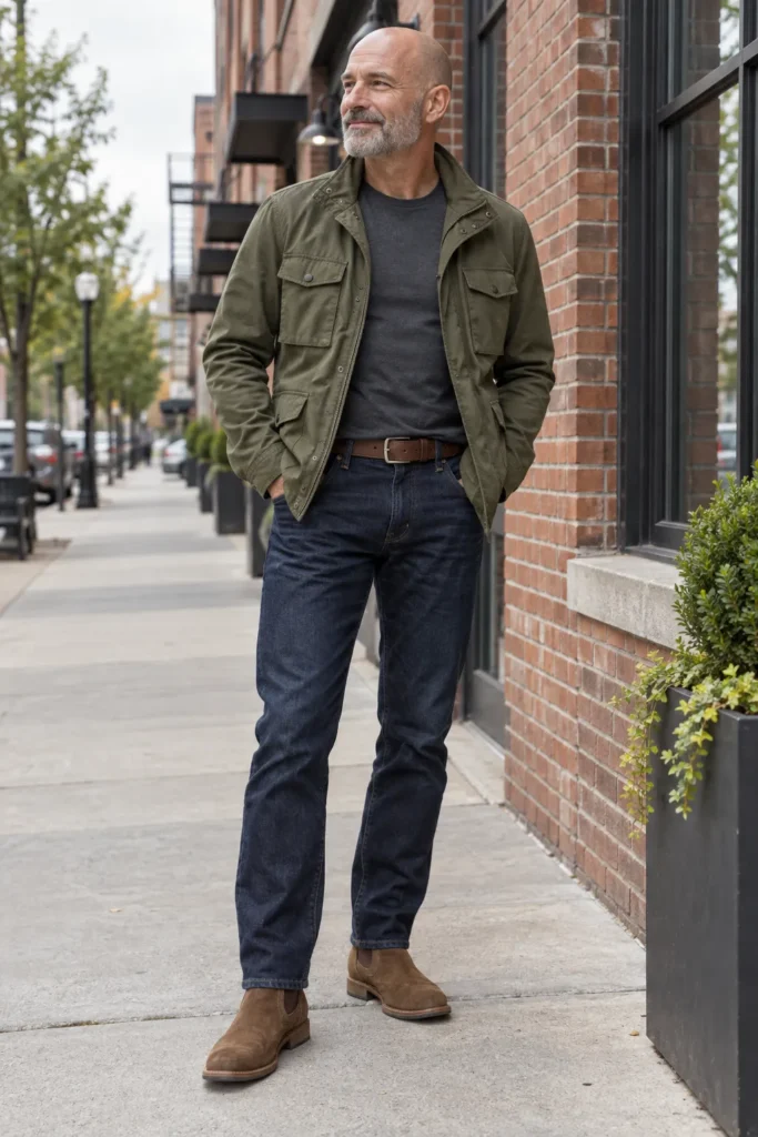 photograph featuring a different bald 56-year-old man with a neatly trimmed grey beard. He wears a charcoal crew-neck T-shirt under an olive green field jacket