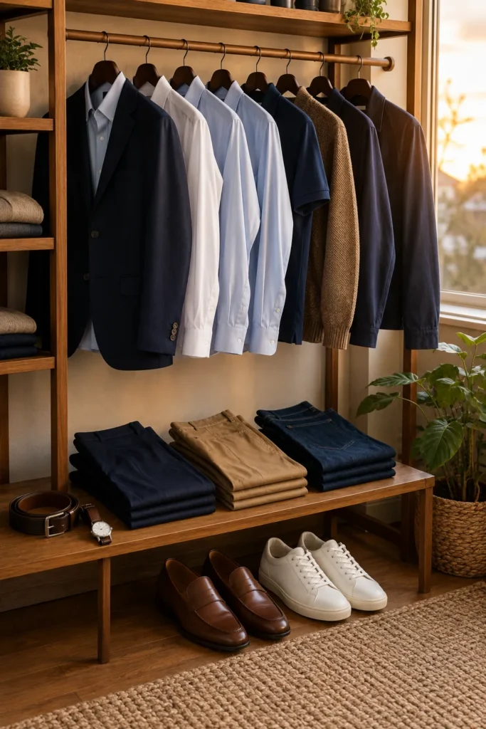 photo representing a versatile men's wardrobe for a man over 50. Navy trousers, tan chinos, dark jeans