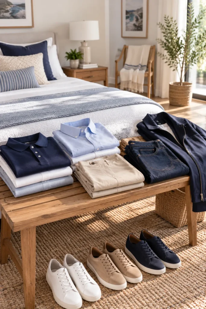 photo representing a small, well-planned wardrobe for a mature man