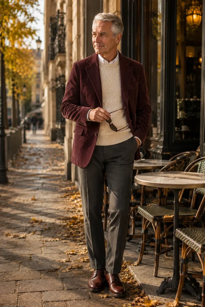 photograph of a stylish 60-year-old man wearing a burgundy corduroy jacket over a cream textured knit sweater