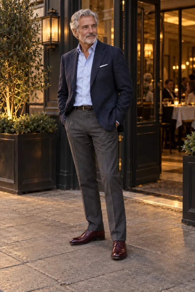 photograph of a distinguished man around 62 standing outside an upscale restaurant in the early evening.