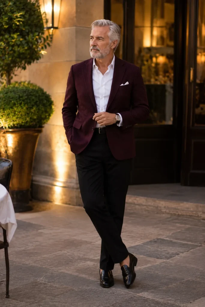 photograph featuring an elegant 59-year-old man with short silver hair, neatly trimmed gray beard, natural mature build
