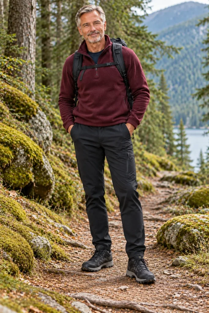 photograph of a 56-year-old man with salt-and-pepper hair wearing a deep burgundy fleece pullover, black technical hiking joggers