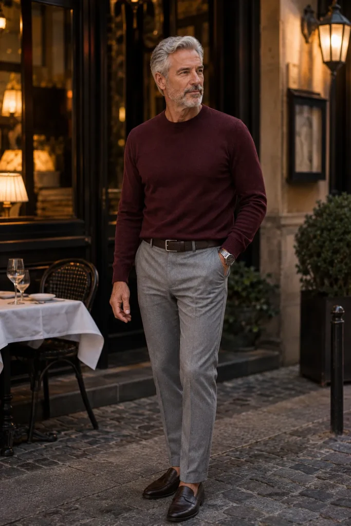 photograph featuring a distinguished 61-year-old mature man with short silver-gray hair