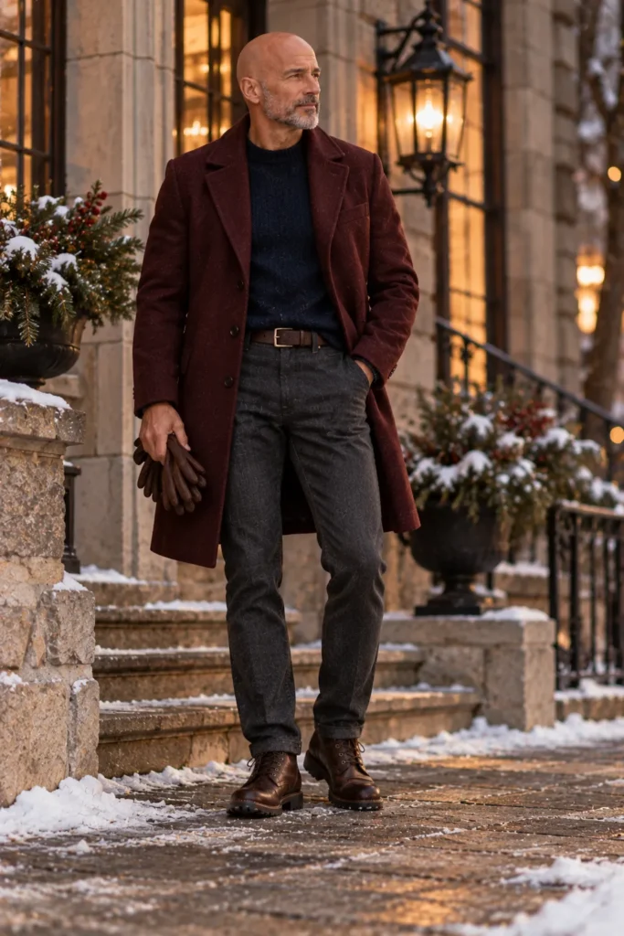 photograph of a stylish 59-year-old bald man with a neatly trimmed gray beard wearing a deep burgundy wool overcoat over a navy crew-neck knit sweater