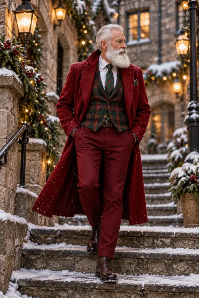 Burgundy Overcoat with Tartan Waistcoat and Matching Trousers