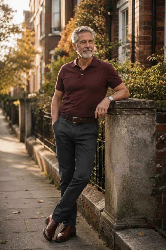 photograph featuring a 59-year-old mature man with a fit but natural build, short silver-grey hair, neatly trimmed grey beard