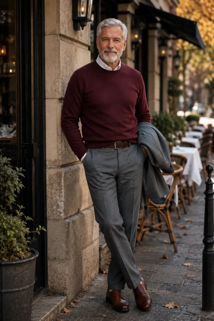 photograph featuring a distinguished 66-year-old mature man with short silver-gray hair