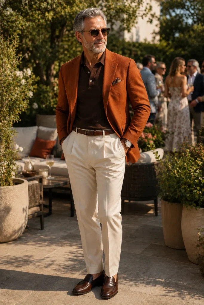 photograph of a confident 60-year-old man attending an elegant outdoor birthday gathering