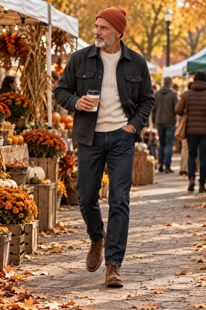 photograph featuring a different 56-year-old man with short gray hair and a neatly trimmed gray beard wearing a muted burnt-orange knit beanie