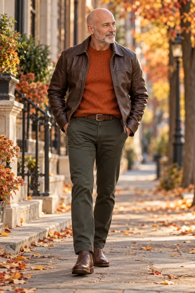 hotograph of a stylish 58-year-old bald man over 50 with a neatly trimmed silver-gray beard