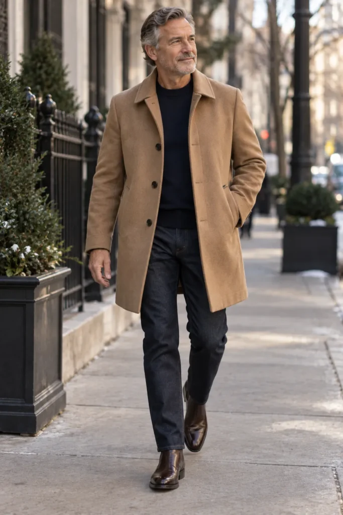 photograph of a mature man around 58 wearing a refined camel car coat over a dark navy crewneck sweater