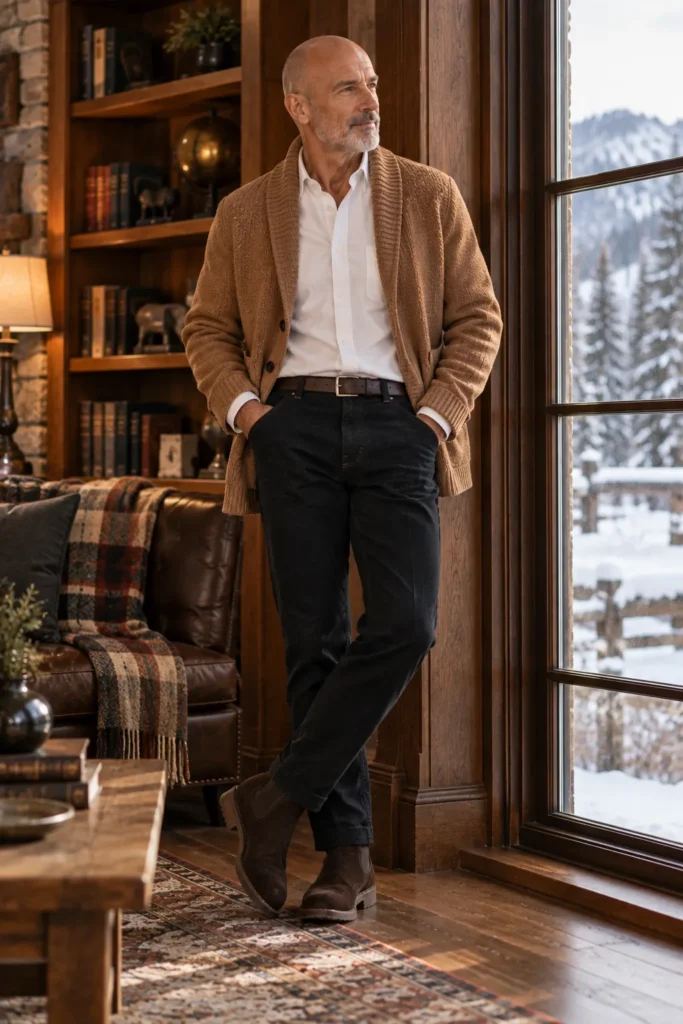 photograph of a sophisticated 59-year-old bald man with a neatly trimmed gray beard wearing a warm camel cardigan over a clean white shirt, black straight-leg jeans