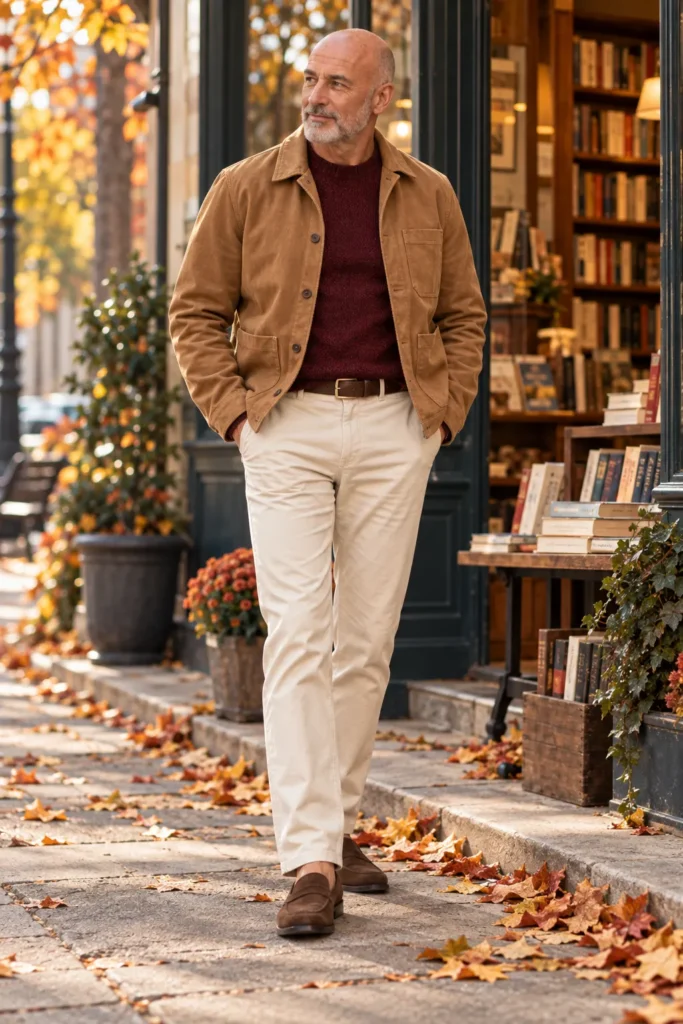 photograph of a confident 58-year-old bald man with short gray stubble wearing a camel chore jacket over a rich burgundy knit sweater