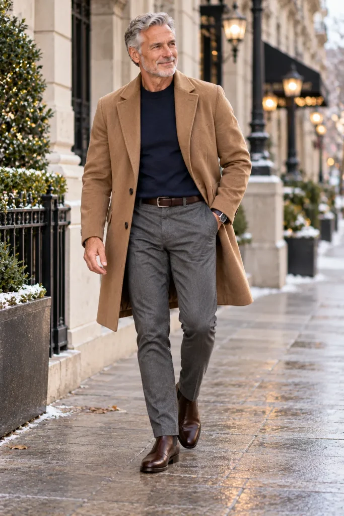 photograph of a 63-year-old man with silver hair and a short gray beard walking along an elegant city street on his way to a winter reunion dinner.