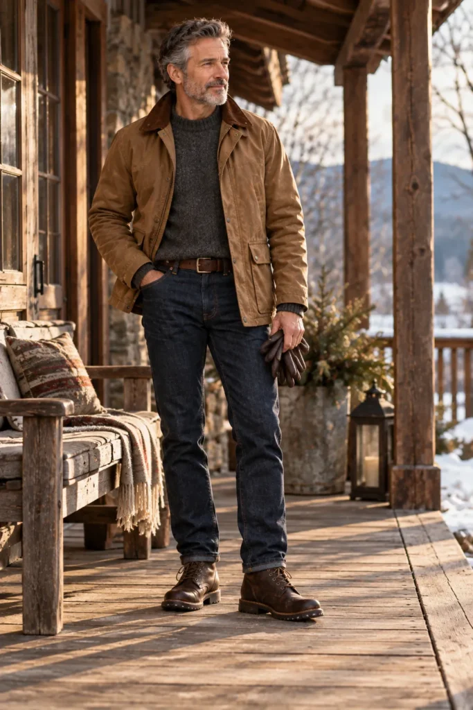 photograph of a sophisticated 59-year-old man with short salt-and-pepper hair and a neatly trimmed beard wearing a camel-colored rugged field jacket over a charcoal gray wool crew-neck sweater