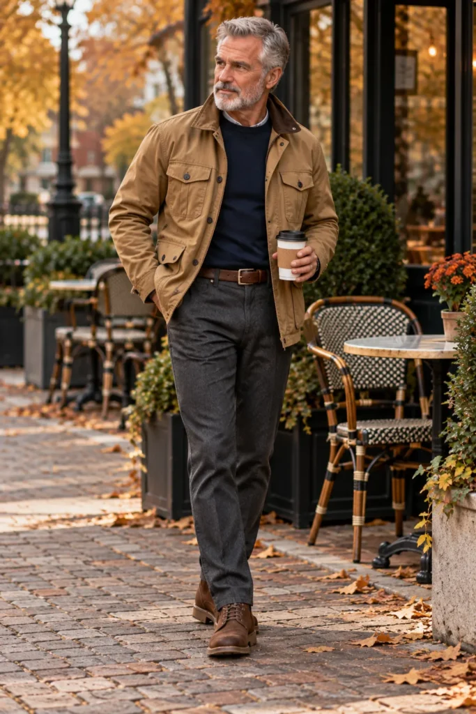 photograph featuring a different 60-year-old man with short gray hair and a neatly trimmed gray beard wearing a camel-colored field jacket over a fine-gauge navy sweater