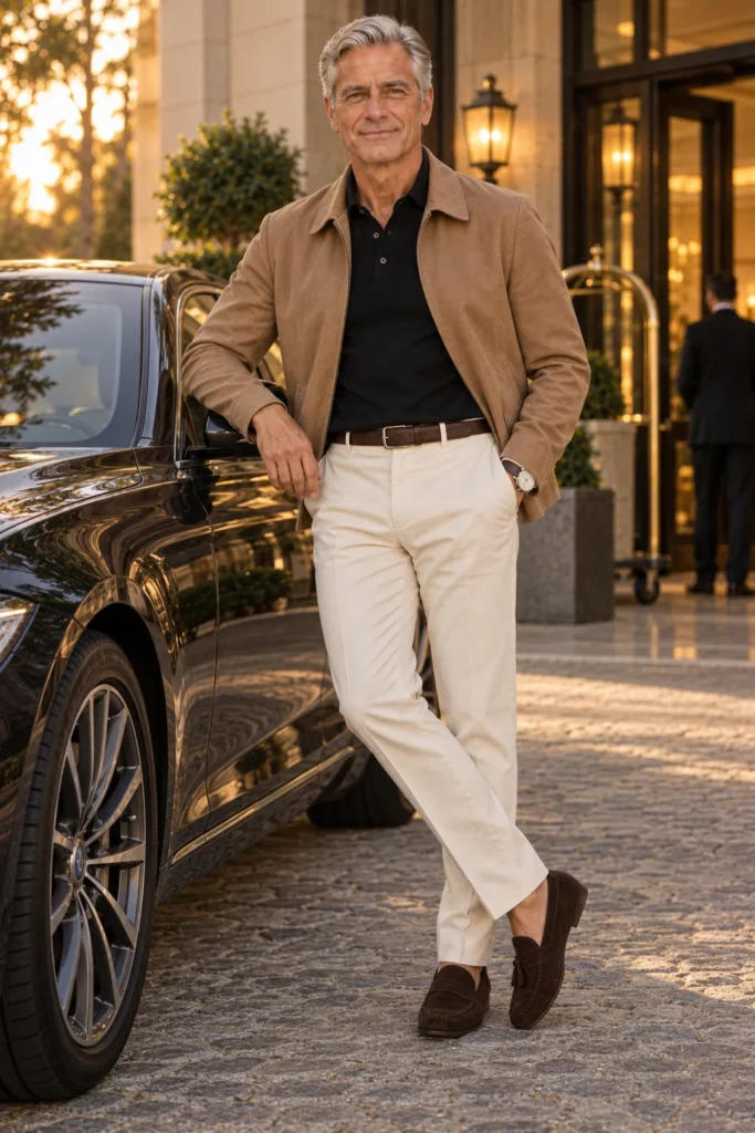 photograph of a distinguished 56-year-old man with neatly styled grey hair wearing a clean camel-colored Harrington jacket