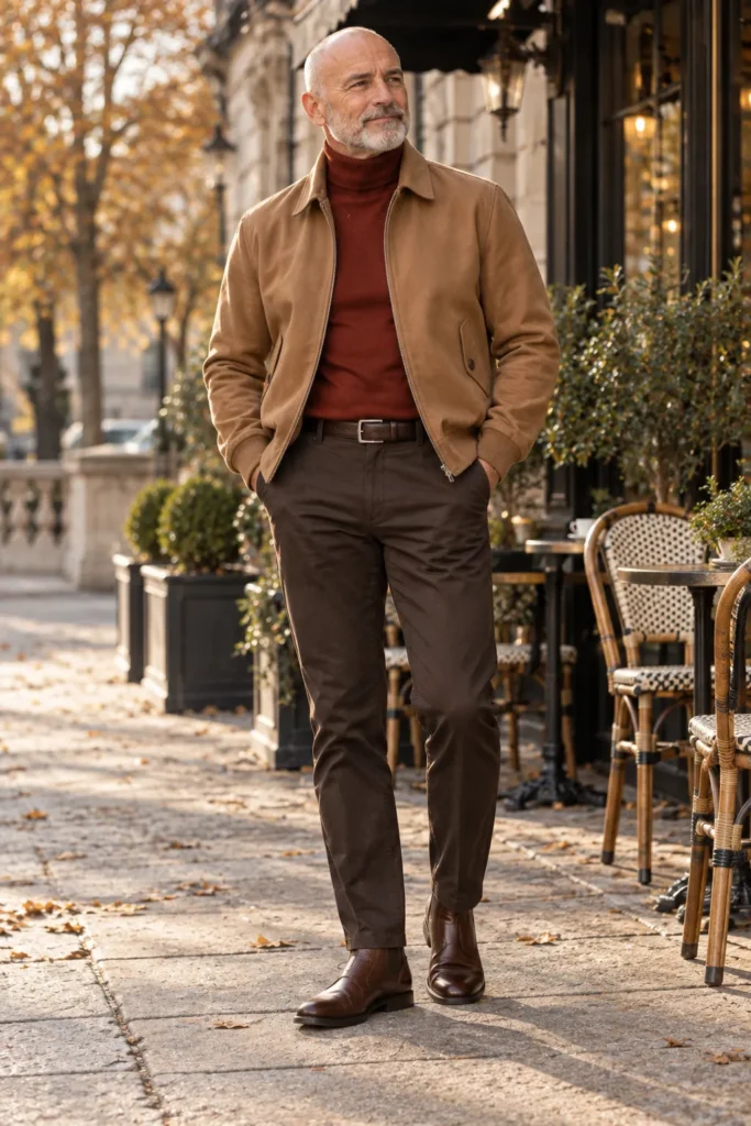 photograph featuring a confident 60-year-old bald man with a short silver-gray beard, wearing a camel Harrington jacket over a deep rust turtleneck sweater