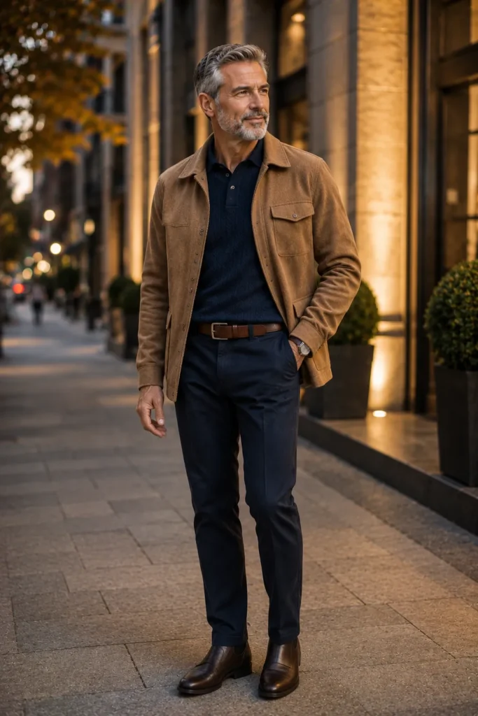 photograph featuring a distinguished 63-year-old mature man with short silver-gray hair