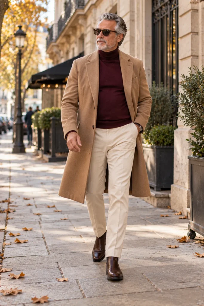 photograph of a stylish man around 60 with a natural fuller stomach walking confidently along an elegant European-inspired city street