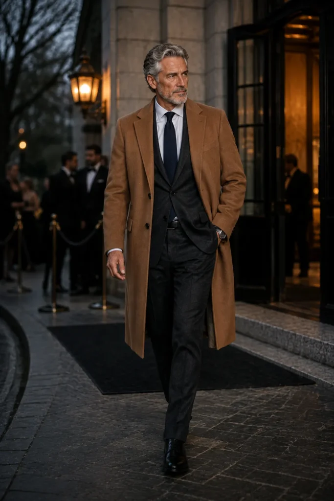 photograph featuring a distinguished mature man around 60 with naturally styled silver-grey hair and a neatly trimmed grey beard