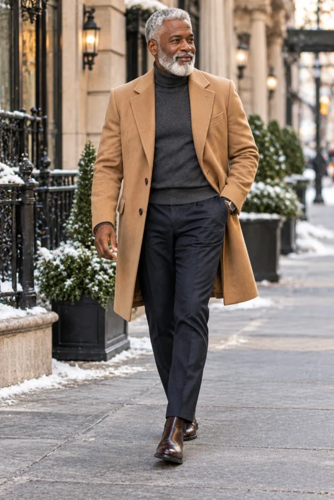 photorealistic men's winter fashion editorial featuring a distinguished 60-year-old man with short silver hair and a neatly trimmed gray beard.