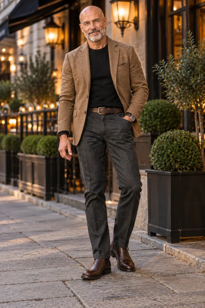  photograph featuring a stylish 58-year-old bald man with a short neatly trimmed grey beard.