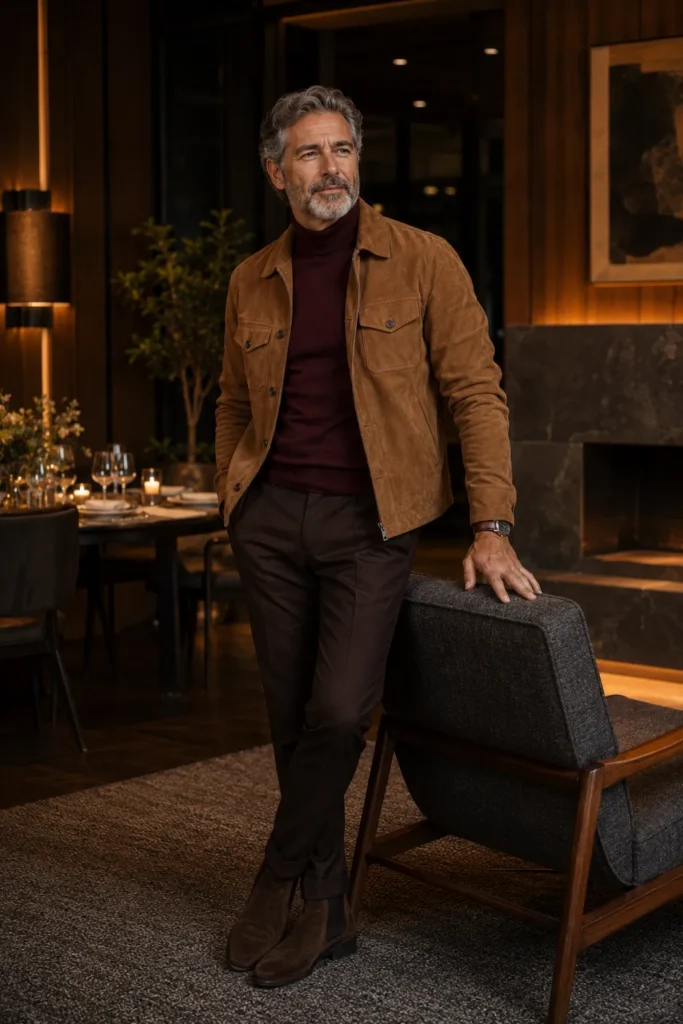 photograph of a stylish 60-year-old man at an intimate birthday dinner in a sophisticated modern lounge
