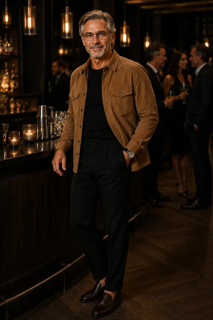 photograph of a sophisticated 57-year-old man at a modern cocktail lounge