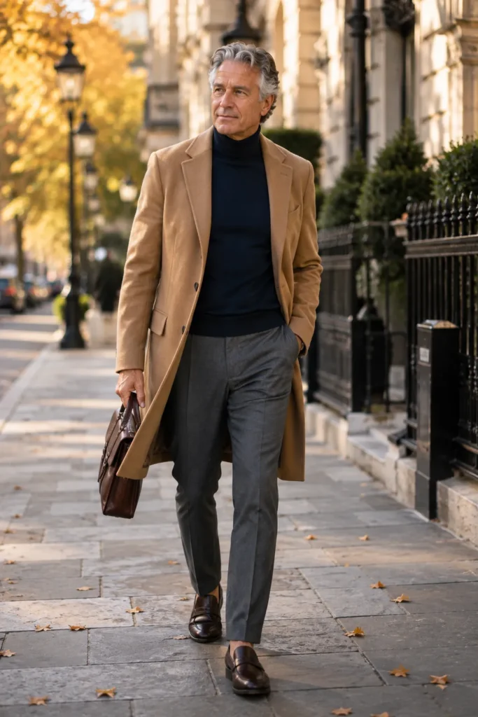 photograph of a distinguished 60-year-old man wearing a camel wool coat over a navy fine-knit turtleneck