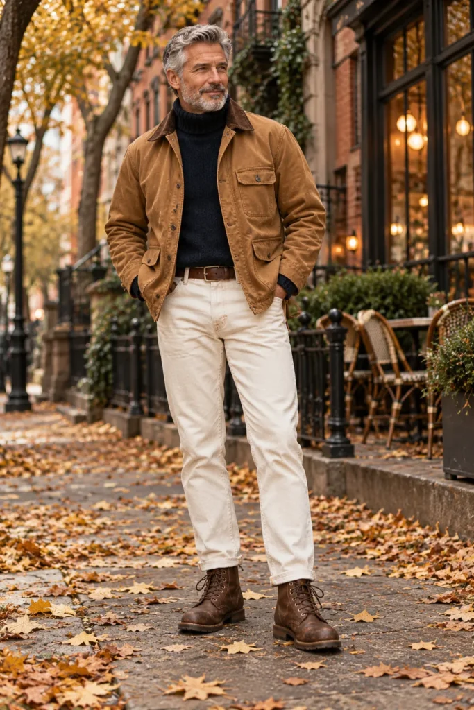 photograph of a stylish 60-year-old man with short gray hair and a neatly trimmed beard