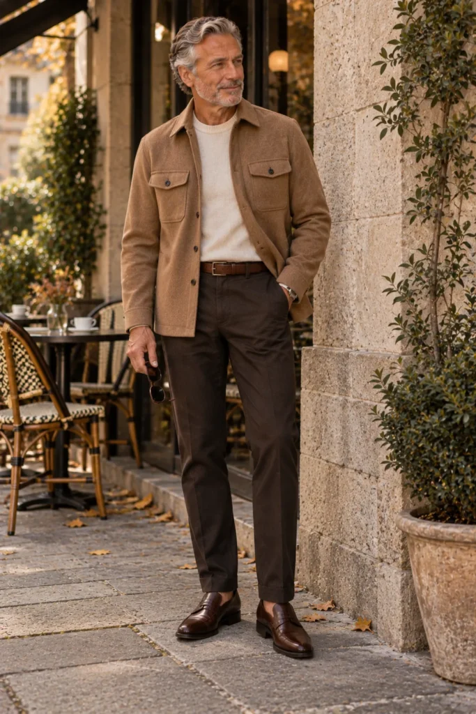 photograph of a mature man around 58 with silver hair and short gray beard, wearing a warm camel overshirt with a structured collar