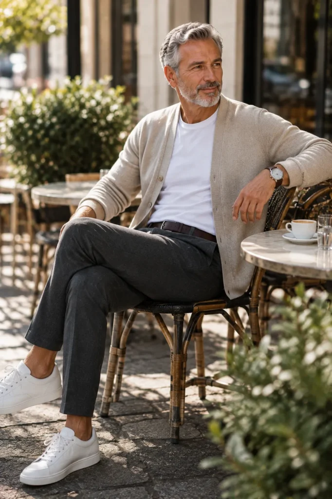 photograph featuring a distinguished 62-year-old mature man with short silver-gray hair and a neatly trimmed beard