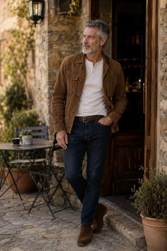 photograph featuring a stylish 61-year-old mature man with short salt-and-pepper hair, neatly trimmed gray beard