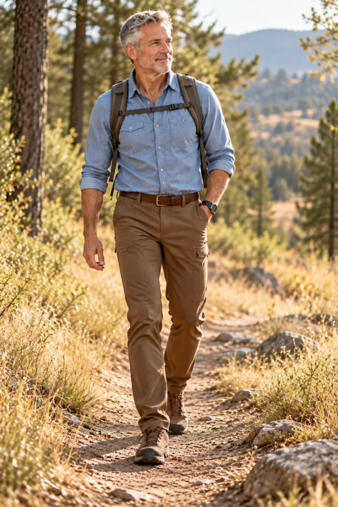 photograph of a 57-year-old man with gray hair wearing a light blue chambray-style hiking shirt with sleeves casually rolled to the forearms
