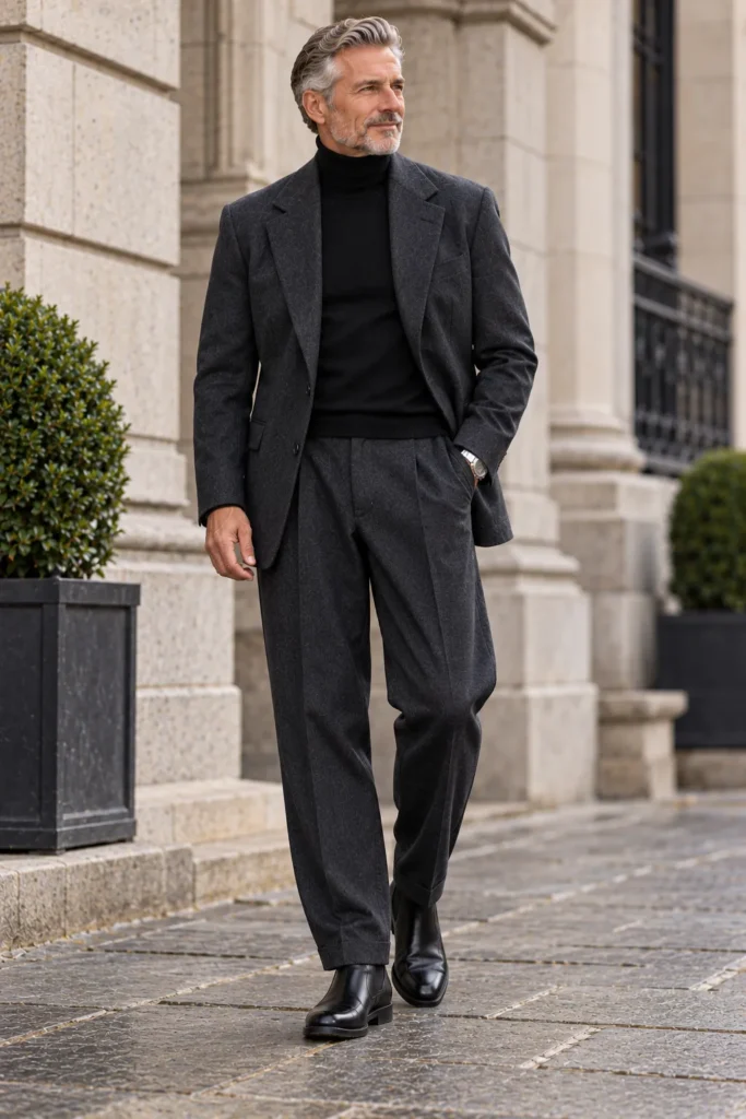 Charcoal Baggy Suit with a Black Turtleneck