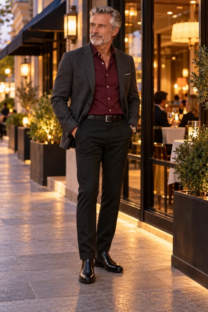 photograph featuring a 62-year-old man with short silver hair and a neatly groomed gray beard standing outside a stylish city restaurant at dusk