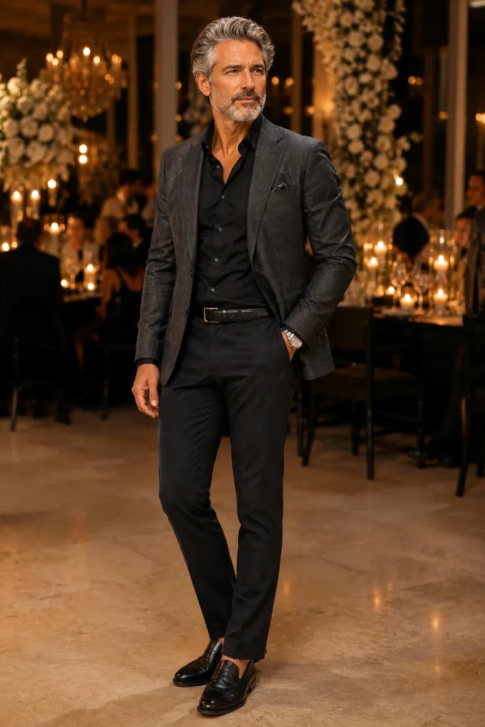 photo of a stylish mature man in his early 50s with silver hair and a short grey beard, wearing a charcoal grey tailored blazer